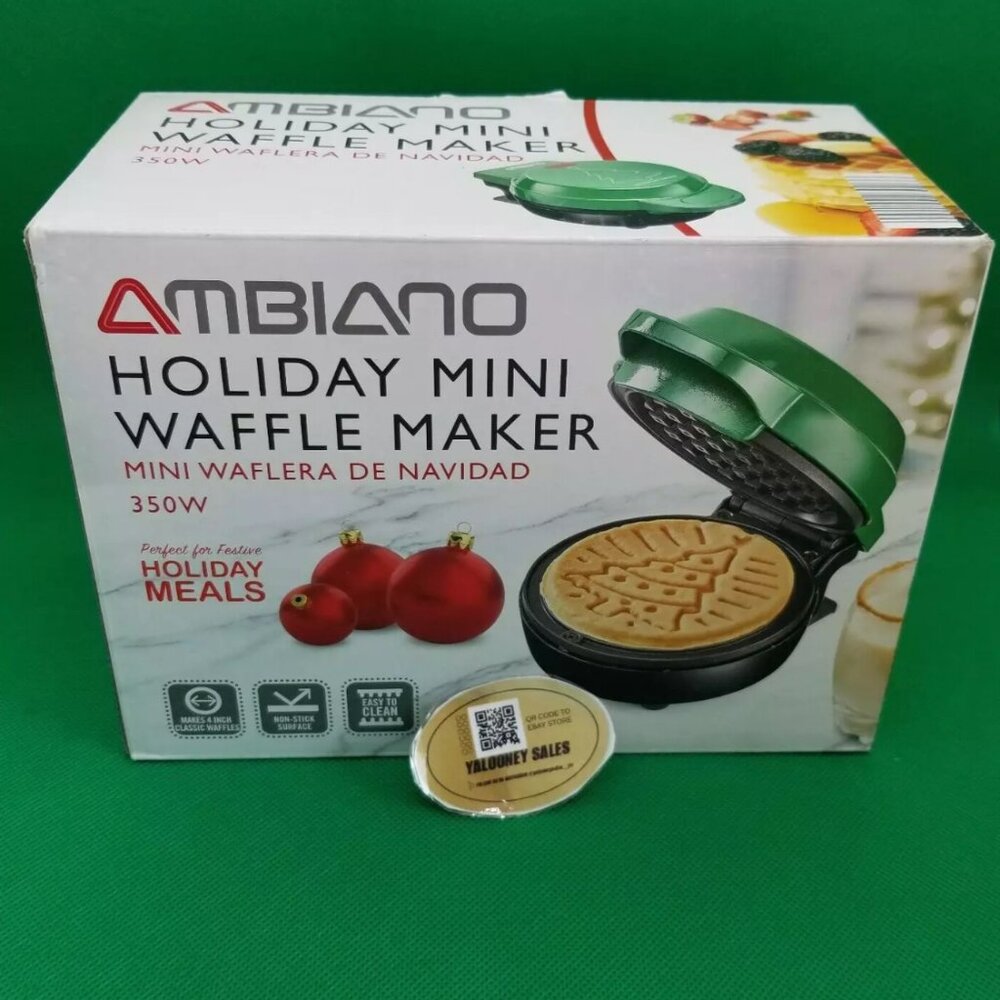 AMBIANO HOLIDAY MINI WAFFLE MAKER Non-stick 4" Christmas Tree Waffles NEW IN BOX